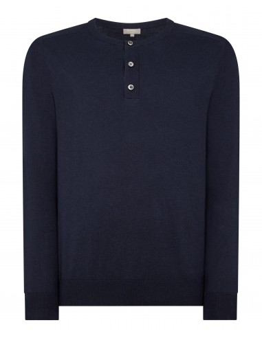 Men's Round Neck Cotton Cashmere Henley Navy Blue destockage