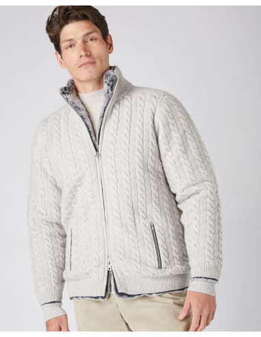 Men's Aspen Cable Fur Cardigan Pebble Grey pas chere