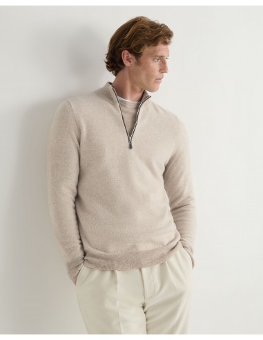 Men's Temple Jacquard Half Zip Cashmere Jumper Toasted Sesame Brown online