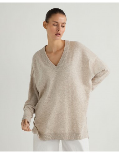 Women's Longline V Neck Cashmere Jumper Sand Brown en linge