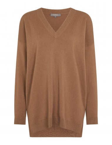 Women's Longline V Neck Cashmere Jumper Dark Camel Brown commande en ligne