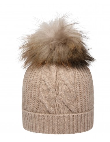 Women's Cable Cashmere Hat With Fur Pom Oatmeal Brown Le MVP de beaucoup