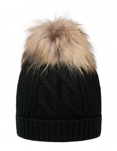 Women's Cable Cashmere Hat With Fur Pom Black En savoir plus