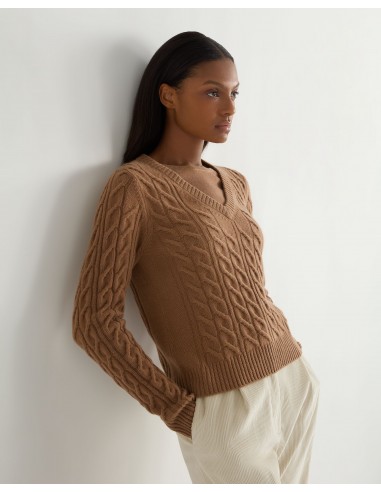 Women's Frankie Cable V Neck Cashmere Jumper Dark Camel Brown le des métaux précieux