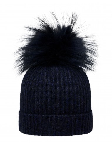 Unisex Ribbed Cashmere Hat With Detachable Pom Navy Blue Melange en stock