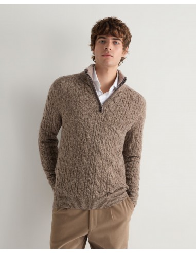 Men's Fur Trim Half Zip Cashmere Jumper Heather Hazel Brown En savoir plus