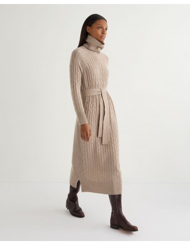 Women's Longline Cable Cashmere Dress Oatmeal Brown votre