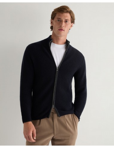 Men's Lambeth Rib Full Zip Cashmere Cardigan Navy Blue à prix réduit toute l'année