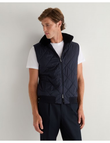 Men's Diamond Fur Trim Cashmere Gilet Navy Blue pas chere