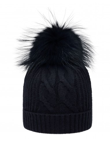 Women's Cable Cashmere Hat With Fur Pom Navy Blue Le MVP de beaucoup