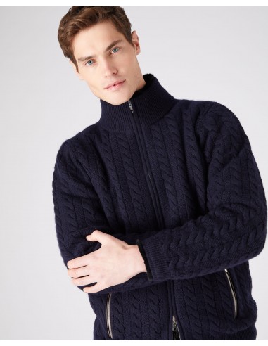 Men's Aspen Cashmere Cable Fur Cardigan Navy Blue pas chere